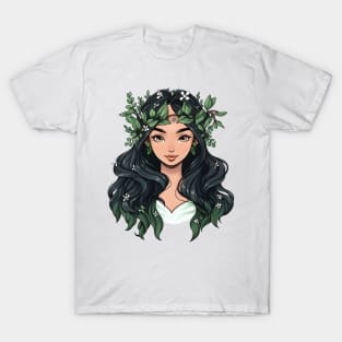 Cartoon Style Portrait - Young Woman with long flowery hair T-Shirt